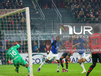 Francesco Acerbi is scoring a goal during the AC Milan versus FC Internazionale match in Serie A at Giuseppe Meazza Stadium on April 22, 202...