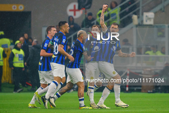 Francesco Acerbi is celebrating the goal with his teammates during the AC Milan versus FC Internazionale match in Serie A at Giuseppe Meazza...