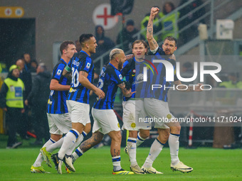 Francesco Acerbi is celebrating the goal with his teammates during the AC Milan versus FC Internazionale match in Serie A at Giuseppe Meazza...