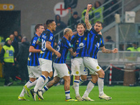 Francesco Acerbi is celebrating the goal with his teammates during the AC Milan versus FC Internazionale match in Serie A at Giuseppe Meazza...