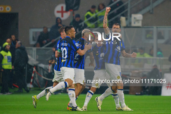 Francesco Acerbi is celebrating the goal with his teammates during the AC Milan versus FC Internazionale match in Serie A at Giuseppe Meazza...