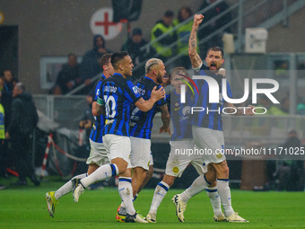 Francesco Acerbi is celebrating the goal with his teammates during the AC Milan versus FC Internazionale match in Serie A at Giuseppe Meazza...