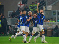 Francesco Acerbi is celebrating the goal with his teammates during the AC Milan versus FC Internazionale match in Serie A at Giuseppe Meazza...