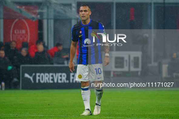 Lautaro Martinez is playing for FC Internazionale against AC Milan in a Serie A match at Giuseppe Meazza Stadium in Milan, Italy, on April 2...