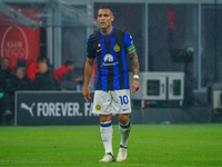 Lautaro Martinez is playing for FC Internazionale against AC Milan in a Serie A match at Giuseppe Meazza Stadium in Milan, Italy, on April 2...