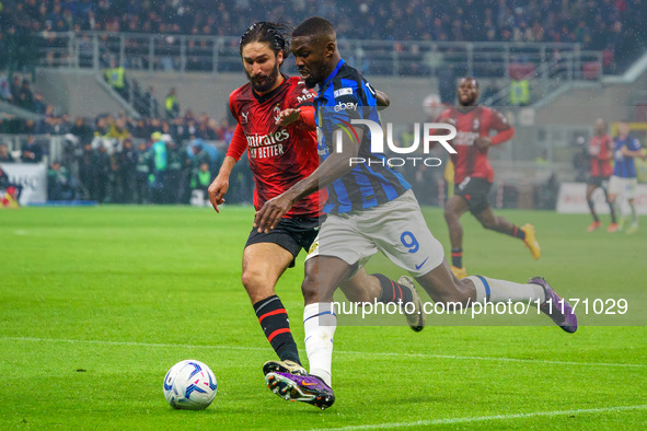 Marcus Thuram is playing during the AC Milan versus FC Internazionale Serie A match at Giuseppe Meazza Stadium in Milan, Italy, on April 22,...