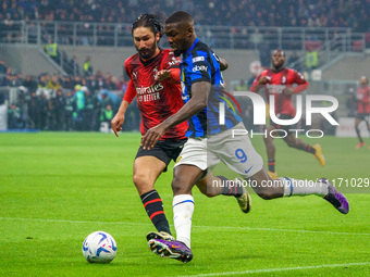 Marcus Thuram is playing during the AC Milan versus FC Internazionale Serie A match at Giuseppe Meazza Stadium in Milan, Italy, on April 22,...