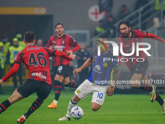 Lautaro Martinez is playing for FC Internazionale against AC Milan in a Serie A match at Giuseppe Meazza Stadium in Milan, Italy, on April 2...