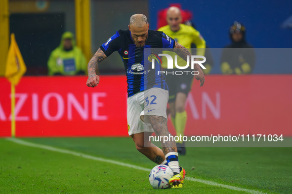 Federico Dimarco is playing during the AC Milan versus FC Internazionale Serie A match at Giuseppe Meazza Stadium in Milan, Italy, on April...