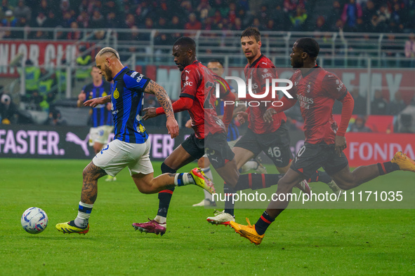 Federico Dimarco is playing during the AC Milan versus FC Internazionale Serie A match at Giuseppe Meazza Stadium in Milan, Italy, on April...