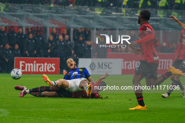 Federico Dimarco is playing during the AC Milan versus FC Internazionale Serie A match at Giuseppe Meazza Stadium in Milan, Italy, on April...