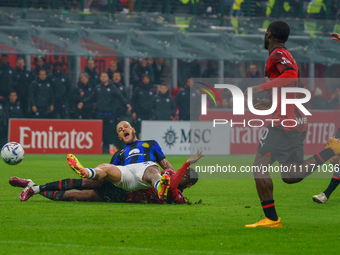 Federico Dimarco is playing during the AC Milan versus FC Internazionale Serie A match at Giuseppe Meazza Stadium in Milan, Italy, on April...