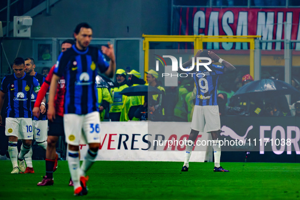 Marcus Thuram is celebrating a goal during the AC Milan versus FC Internazionale match in Serie A at Giuseppe Meazza Stadium on April 22, 20...