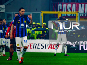 Marcus Thuram is celebrating a goal during the AC Milan versus FC Internazionale match in Serie A at Giuseppe Meazza Stadium on April 22, 20...