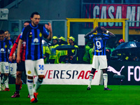 Marcus Thuram is celebrating a goal during the AC Milan versus FC Internazionale match in Serie A at Giuseppe Meazza Stadium on April 22, 20...