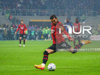 Theo Hernandez is playing for AC Milan against FC Internazionale in a Serie A match at Giuseppe Meazza Stadium on April 22, 2024. (