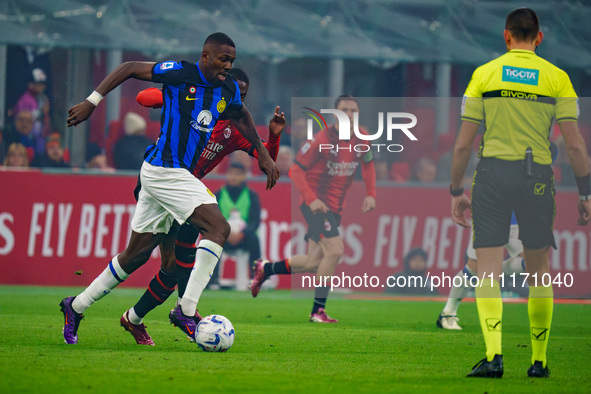 Marcus Thuram is playing during the AC Milan versus FC Internazionale Serie A match at Giuseppe Meazza Stadium in Milan, Italy, on April 22,...