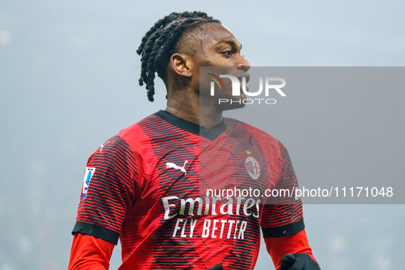 Rafael Leao is playing for AC Milan against FC Internazionale in the Serie A match at Giuseppe Meazza Stadium on April 22, 2024. 