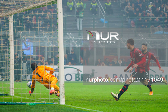 Fikayo Tomori is scoring a goal during the AC Milan match against FC Internazionale in Serie A at Giuseppe Meazza Stadium in Milan, Italy, o...