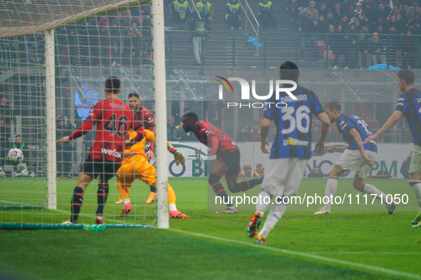 Fikayo Tomori is celebrating a goal during the AC Milan match against FC Internazionale in Serie A at Giuseppe Meazza Stadium in Milan, Ital...