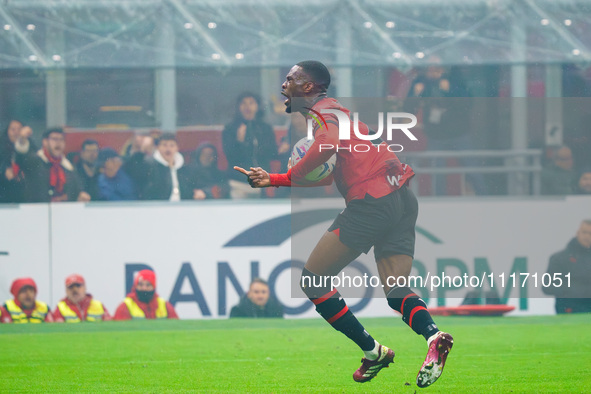 Fikayo Tomori is celebrating a goal during the AC Milan match against FC Internazionale in Serie A at Giuseppe Meazza Stadium in Milan, Ital...