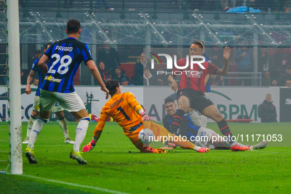 Noah Okafor is playing during the AC Milan versus FC Internazionale Serie A match at Giuseppe Meazza Stadium in Milan, Italy, on April 22, 2...