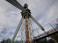 A Russian missile attack is partially destroying the Kharkiv TV tower in Kharkiv, northeastern Ukraine, on April 22, 2024. NO USE RUSSIA. NO...