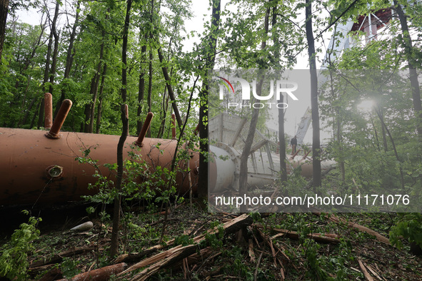 A Russian missile attack is partially destroying the Kharkiv TV tower in Kharkiv, northeastern Ukraine, on April 22, 2024. NO USE RUSSIA. NO...