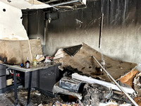 A kitchen is burning out in a residential building that is being damaged by a nighttime Russian drone attack in Odesa, Southern Ukraine, on...