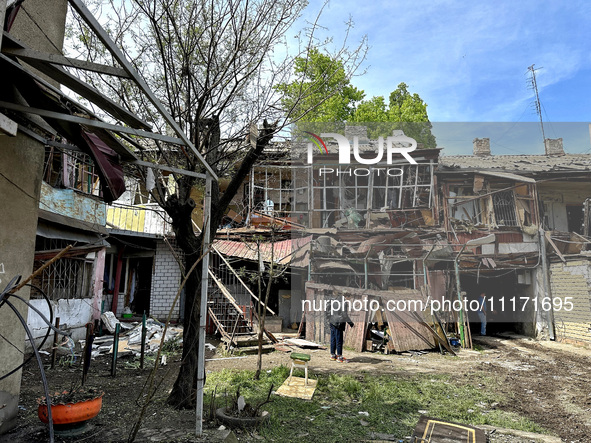 A residential building is being damaged by a nighttime Russian drone attack in Odesa, Ukraine, on April 23, 2024. NO USE RUSSIA. NO USE BELA...