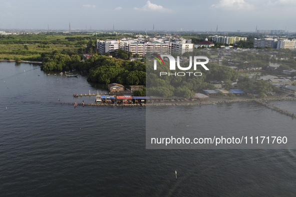 An aerial view is showing Marunda public beach on the north coast of Jakarta, Indonesia, on April 23, 2024. Marunda Beach is the last beach...