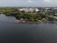 An aerial view is showing Marunda public beach on the north coast of Jakarta, Indonesia, on April 23, 2024. Marunda Beach is the last beach...