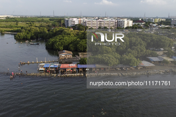 An aerial view is showing Marunda public beach on the north coast of Jakarta, Indonesia, on April 23, 2024. Marunda Beach is the last beach...