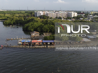 An aerial view is showing Marunda public beach on the north coast of Jakarta, Indonesia, on April 23, 2024. Marunda Beach is the last beach...