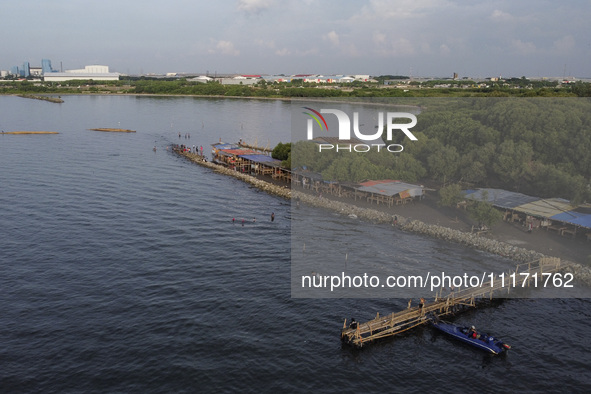 An aerial view is showing Marunda public beach on the north coast of Jakarta, Indonesia, on April 23, 2024. Marunda Beach is the last beach...