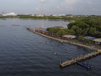 An aerial view is showing Marunda public beach on the north coast of Jakarta, Indonesia, on April 23, 2024. Marunda Beach is the last beach...