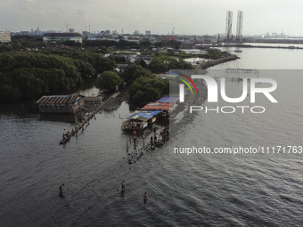 An aerial view is showing Marunda public beach on the north coast of Jakarta, Indonesia, on April 23, 2024. Marunda Beach is the last beach...