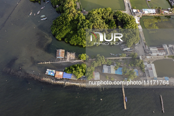 An aerial view is showing Marunda public beach on the north coast of Jakarta, Indonesia, on April 23, 2024. Marunda Beach is the last beach...