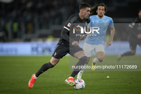Dusan Vlahovic of Juventus FC is in action during the Coppa Italia Semi-final Second Leg match between SS Lazio and Juventus FC at Stadio Ol...