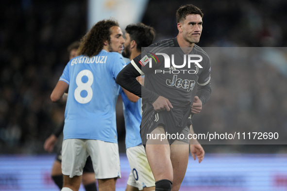 Dusan Vlahovic of Juventus FC is regretting during the Coppa Italia Semi-final Second Leg match between SS Lazio and Juventus FC at Stadio O...