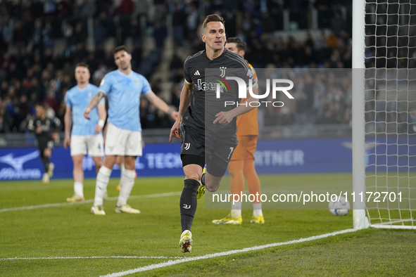 Arkadiusz Milik of Juventus FC is celebrating after scoring a goal during the Coppa Italia Semi-final Second Leg match between SS Lazio and...