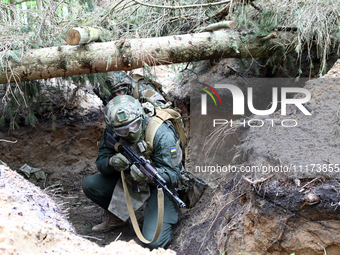 Soldiers are practicing clearing a trench from the enemy in pairs during the drills of the Liut (Fury) Brigade of the National Police of Ukr...