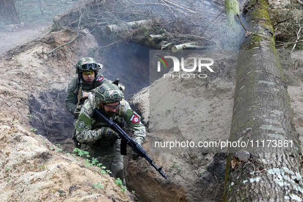 Soldiers are practicing clearing a trench from the enemy in pairs during the drills of the Liut (Fury) Brigade of the National Police of Ukr...