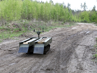 The VEPR ground logistics robotic complex, which is used for delivering mines and evacuating the wounded, is being pictured during drills of...