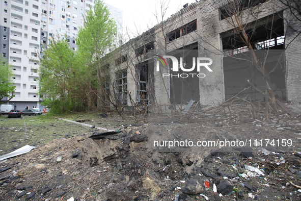 The aftermath of a Russian missile attack is being pictured in the Shevchenkivskyi district, Kharkiv, Ukraine, on April 24, 2024. 