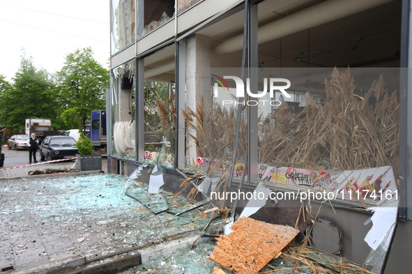 Broken windows are being pictured in the Shevchenkivskyi district after a Russian missile attack in Kharkiv, northeastern Ukraine, on April...