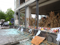 Broken windows are being pictured in the Shevchenkivskyi district after a Russian missile attack in Kharkiv, northeastern Ukraine, on April...