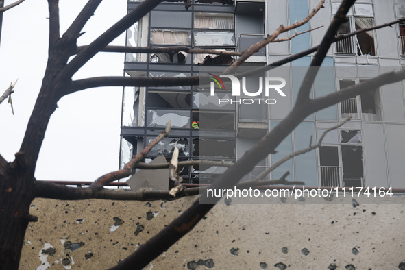 A high-rise with broken windows is being pictured in the Shevchenkivskyi district after a Russian missile attack in Kharkiv, Ukraine, on Apr...