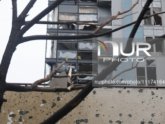 A high-rise with broken windows is being pictured in the Shevchenkivskyi district after a Russian missile attack in Kharkiv, Ukraine, on Apr...