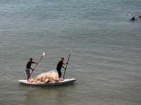 Palestinian fishermen are working in the sea amid the ongoing conflict between Israel and Hamas in Deir Al-Balah, in the central Gaza Strip,...